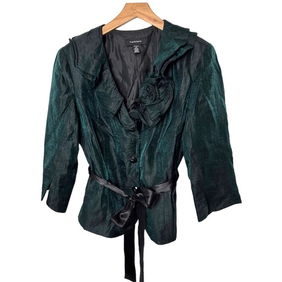 R&M Richards 14 green & black iridescent formal shirt with ruffled collar - Picture 4 of 8